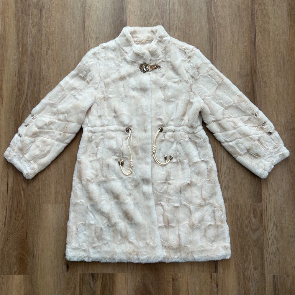 VTG Mink Fur Cream Coat Chinese Handmade 70s button‎ down rhinestone clasp